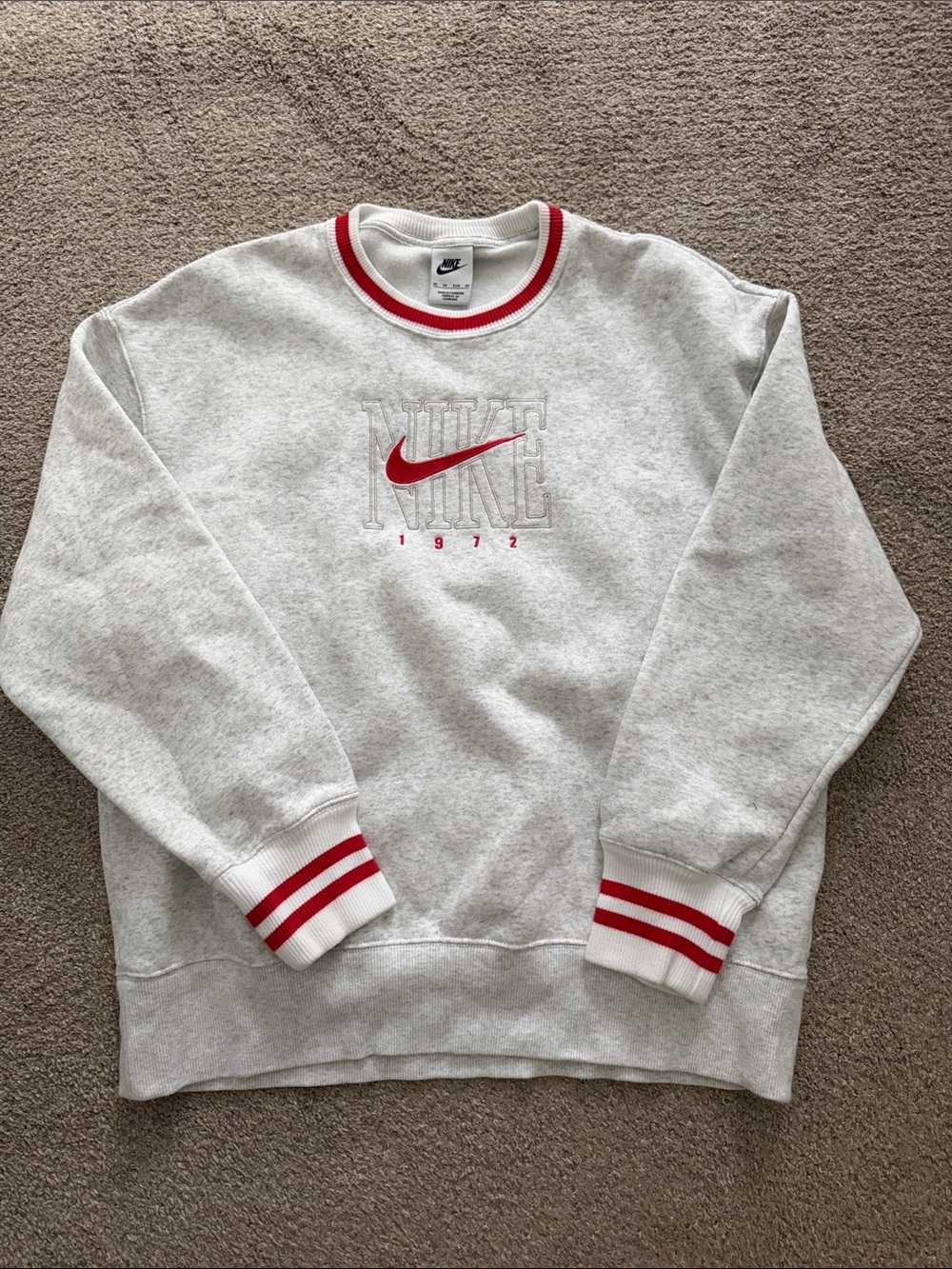 Nike Light Gray Crewneck Sweatshirt with Red Accents
